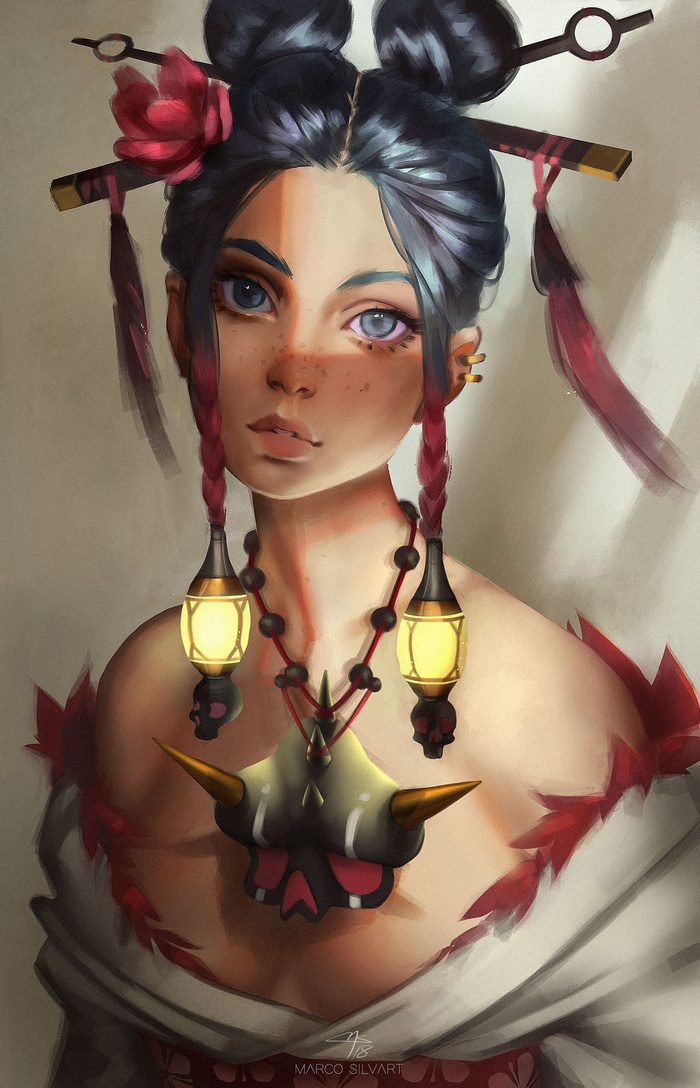 Woman with Japanese-inspired hairstyle and mask necklace