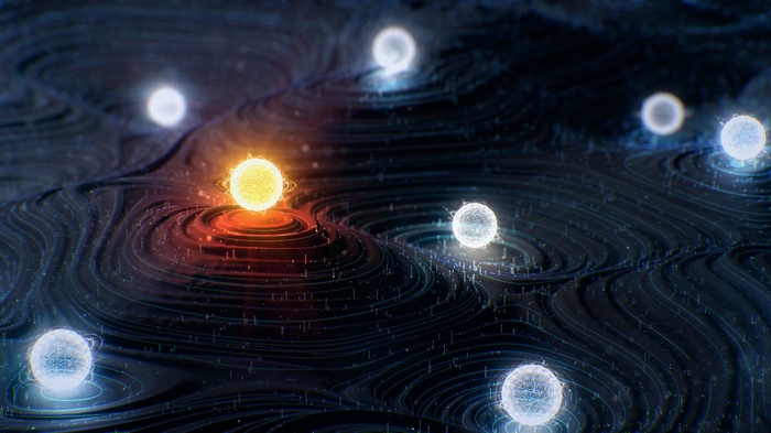 Abstract glowing spheres on a dark wavy surface