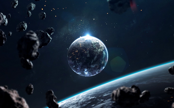 Planet and asteroids in space digital art