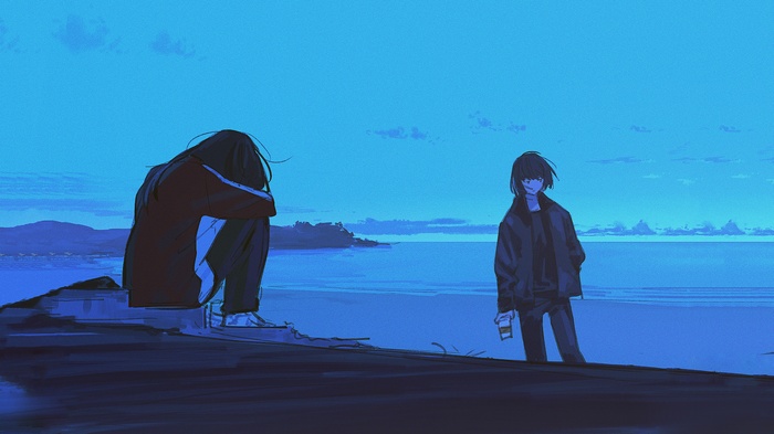 Two figures by the sea at dusk