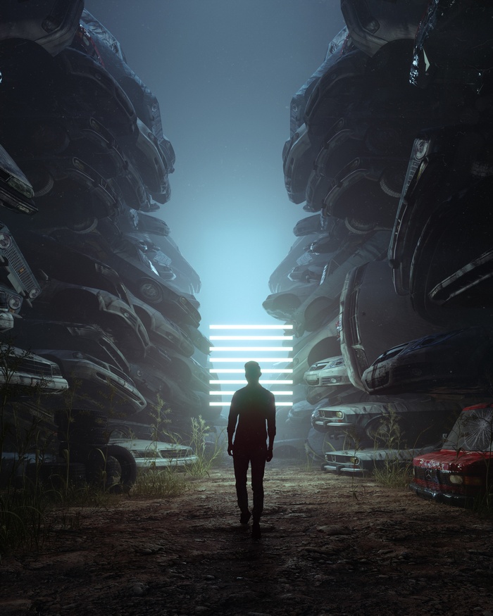 Man walks towards neon lights in a junkyard