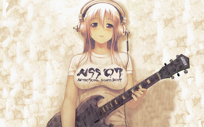 Super Sonico with Headphones and Guitar