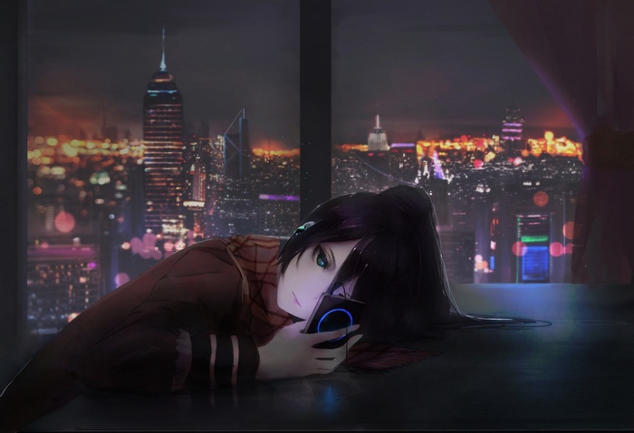 Anime girl with headphones looking at phone in city at night