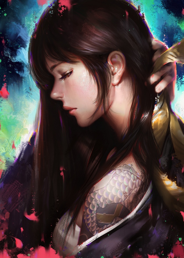 Artwork of a woman with a dragon tattoo