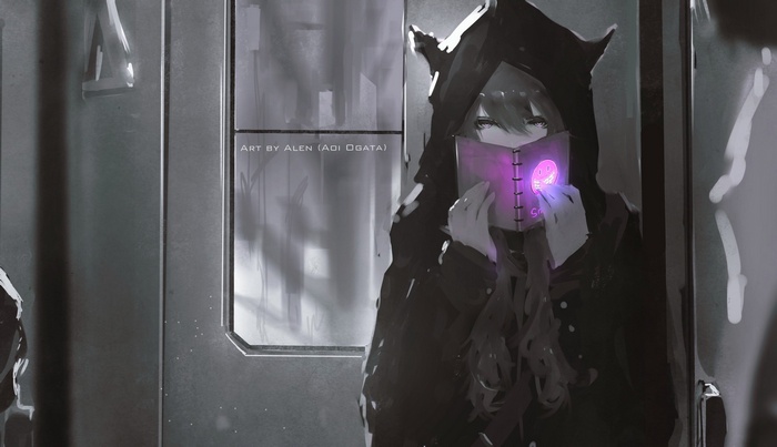 Anime girl in hood holding glowing book