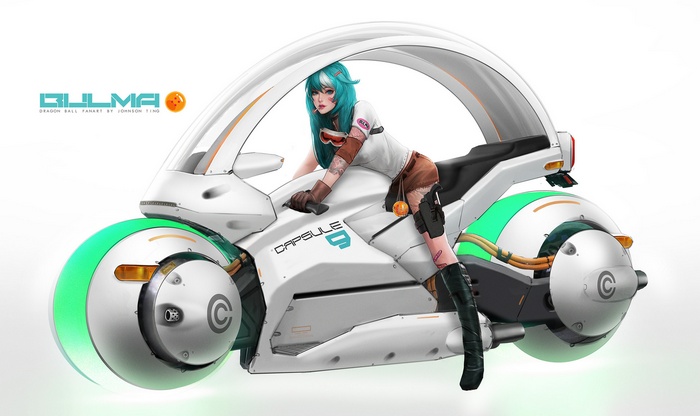 Bulma from Dragon Ball on a futuristic motorcycle