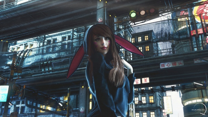 D.Va from Overwatch in a futuristic city