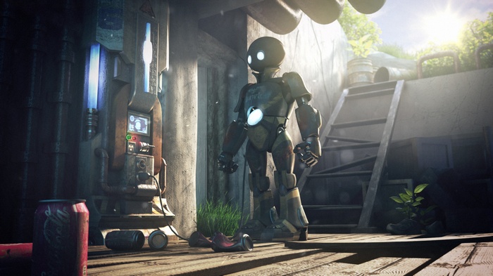 Robot standing near a futuristic machine