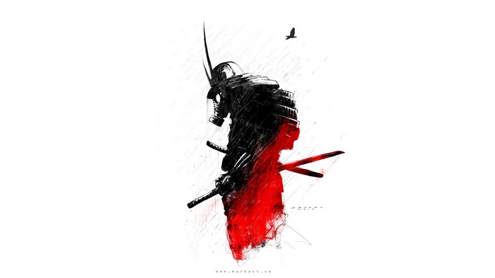 Samurai warrior with gas mask and swords