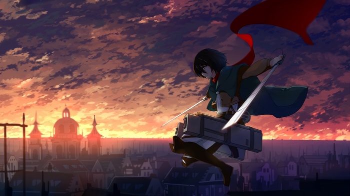 Mikasa Ackerman from Attack on Titan in a city at sunset