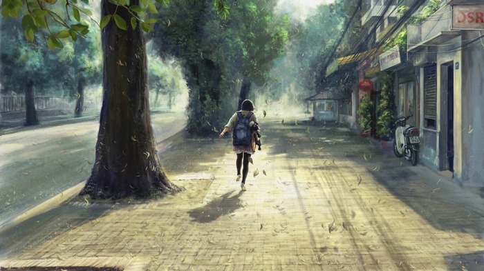 Anime girl walking down a tree-lined street