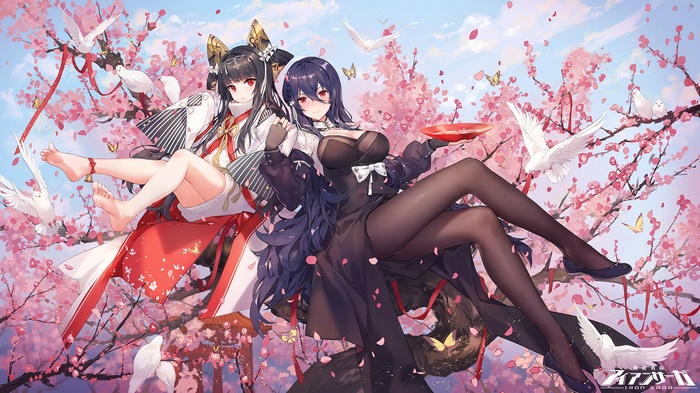 Two anime girls in a cherry blossom tree