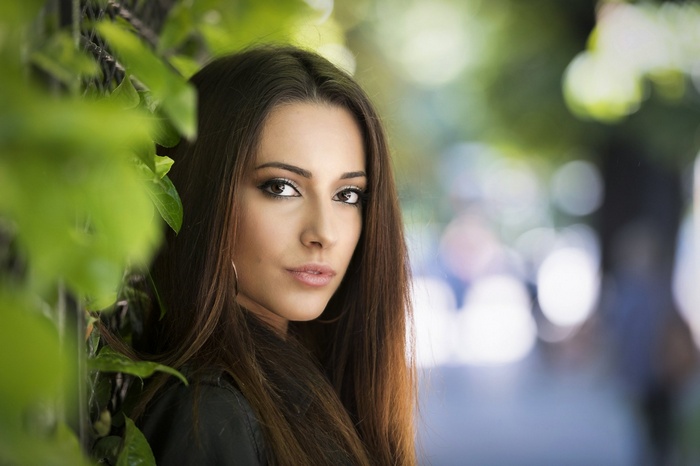 women, pink lipstick, looking at viewer, hoop earrings, straight hair, brown eyes, leather jackets, open mouth, Luigi Malanetto, brunette, long hair