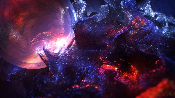 Abstract glowing fiber optic strands with a spherical object