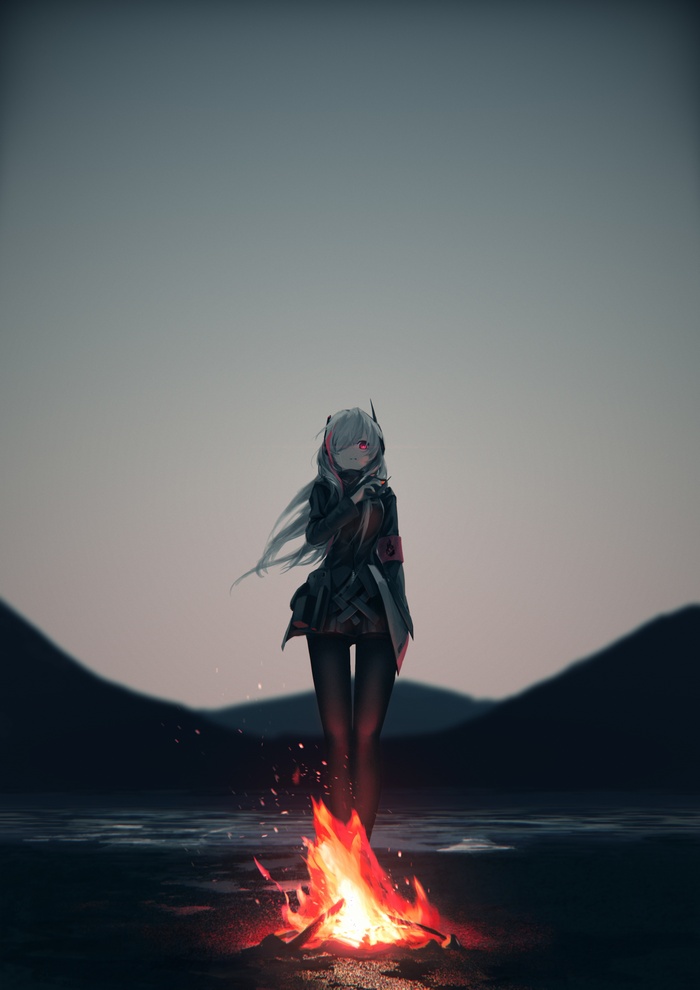 Anime girl with white hair by campfire
