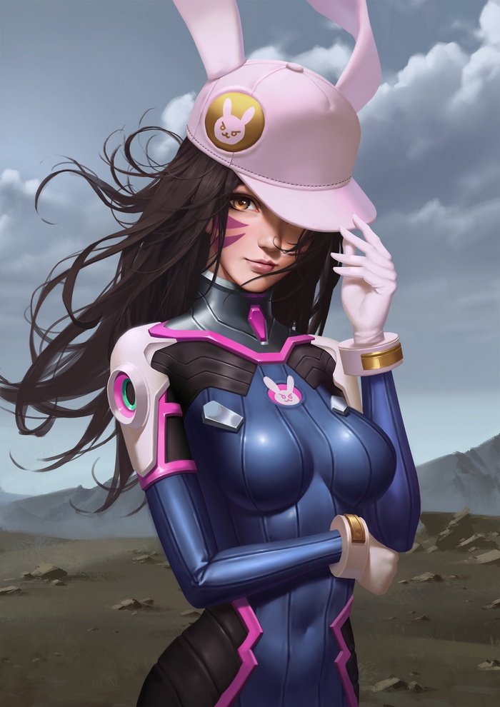 D.Va from Overwatch wearing a bunny hat