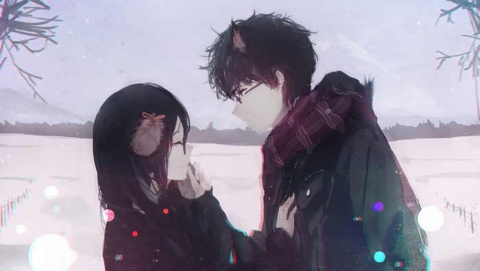 Anime couple in a snowy landscape