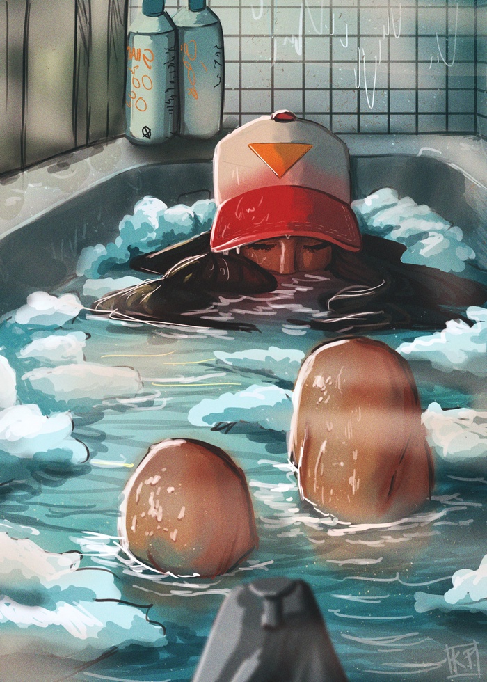 Woman in bathtub with bubbles, wearing a baseball cap