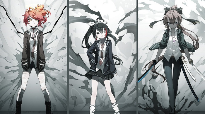 Three anime girls in school uniforms with weapons