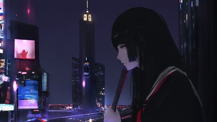 Anime girl with black hair in a futuristic city