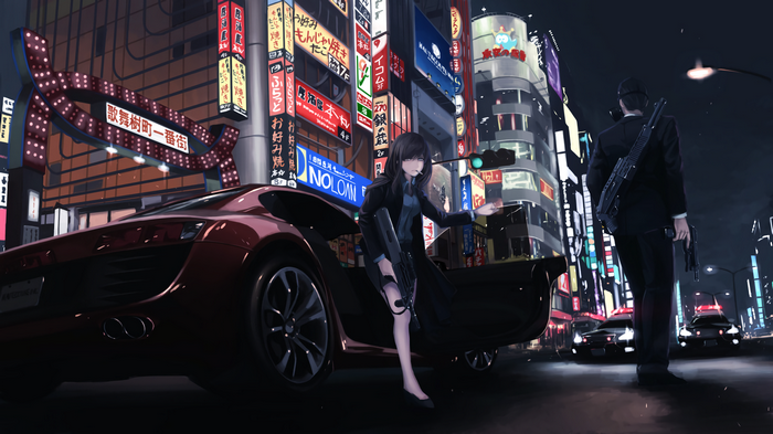 Anime characters with guns in a Japanese city at night