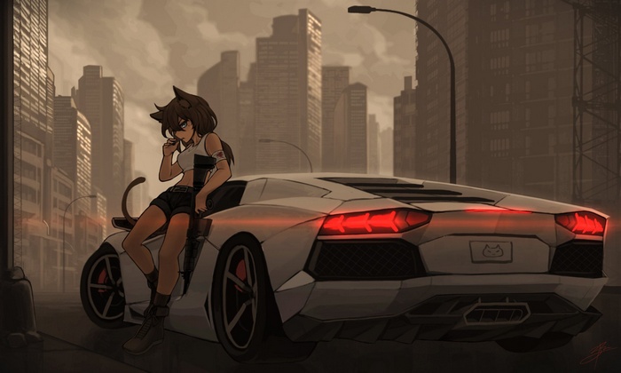 Anime girl with cat ears and a sports car in a city