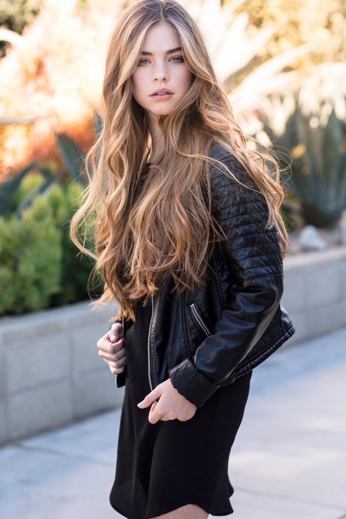leather jackets, standing, blonde, women outdoors, pale, black dress, long hair, open mouth, pink lipstick, looking at viewer, black clothing, women, black jackets, open clothes