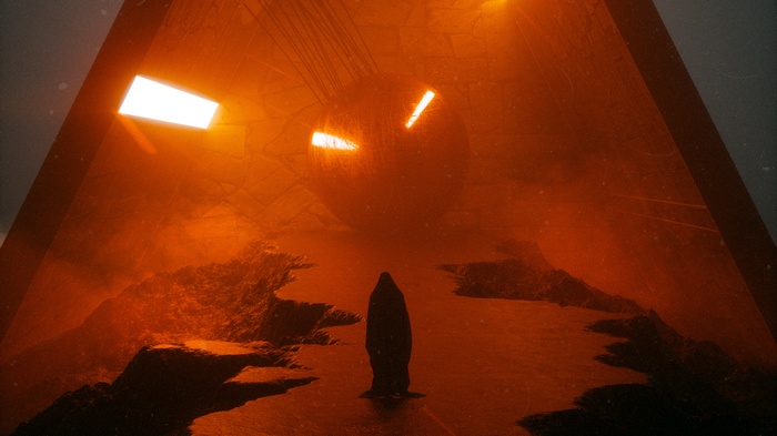 Figure in a dark, orange, futuristic environment