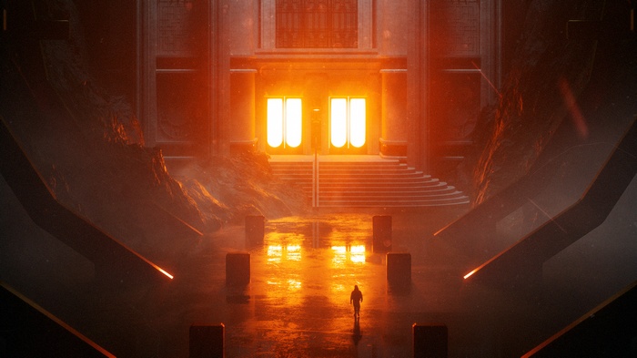 A lone figure walks towards a glowing temple entrance