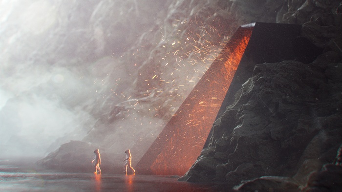 Two figures approach a glowing monolith in a rocky cave