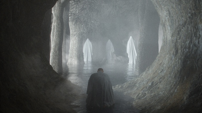 Man in cloak facing ghosts in a foggy forest