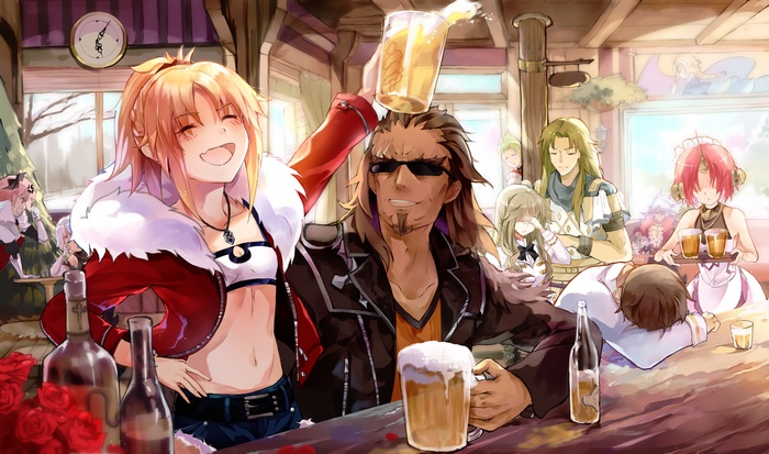 Characters from Fate/Apocrypha celebrating in a tavern