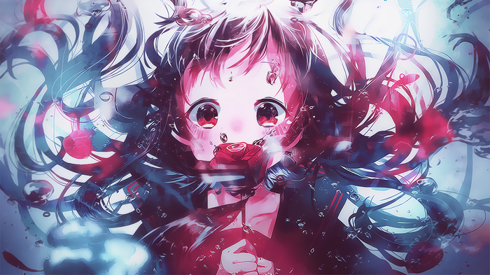 Anime girl with red eyes holding a rose