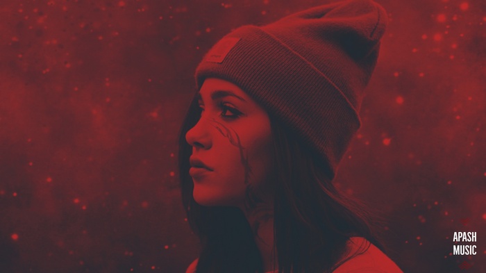 Woman wearing a red beanie, Apash Music logo