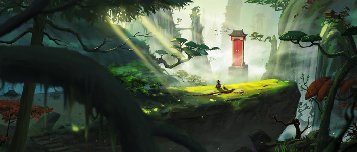Man meditating in a mystical forest with a red pagoda