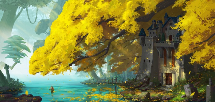 Castle by a lake with autumn trees and a person in a boat