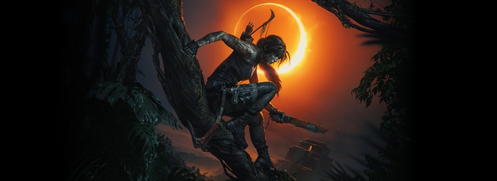 Lara Croft from Tomb Raider in a jungle during an eclipse