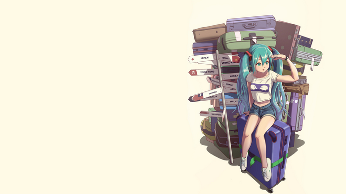 Hatsune Miku sitting on luggage with travel signs