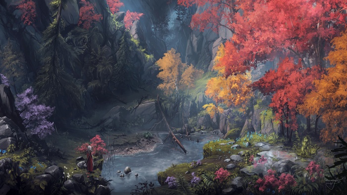 artwork, digital art, fantasy art, trees, river, nature, landscape