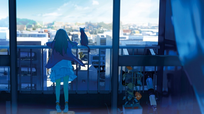 Anime girl and cat on balcony overlooking city