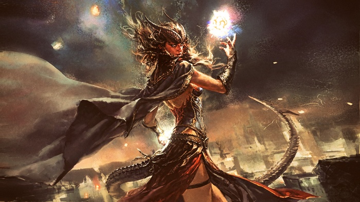 Fantasy art of a demon sorceress casting magic