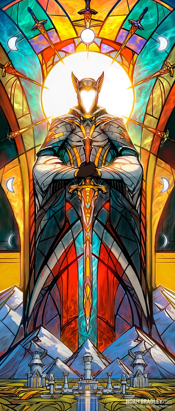 Knight in Stained Glass Armor with Swords and Castle