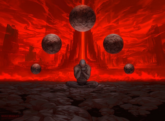 Man meditating with orbs in a red landscape