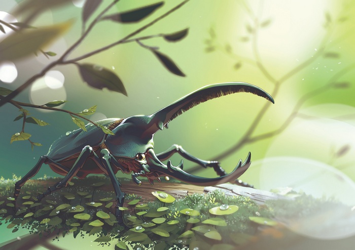 Painting of a beetle on a branch with leaves