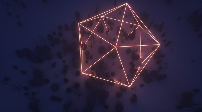 Neon geometric shape over a dark forest at night