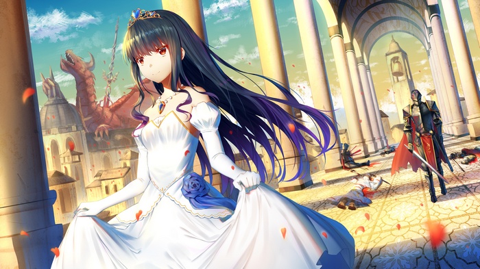 Anime girl in white dress with dragon and knights