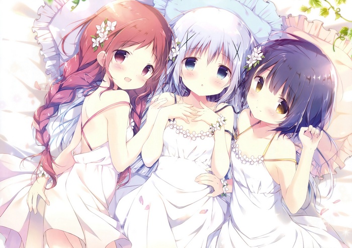 Gochuumon wa Usagi Desu ka, anime, loli, white dress, Natsu Megumi , fan art, Kafuu Chino, Jouga Maya, Gochuumon wa Usagi Desu ka?, anime girls