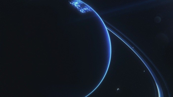 Planet with rings and moons in space