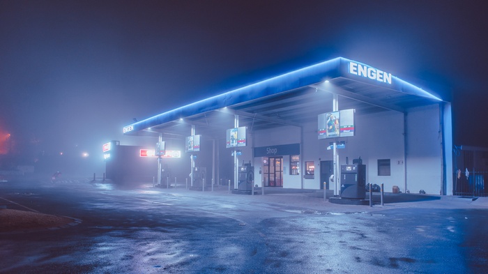 Engen gas station at night in fog