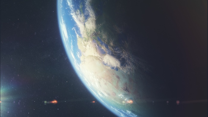 Earth from space with stars and lens flares